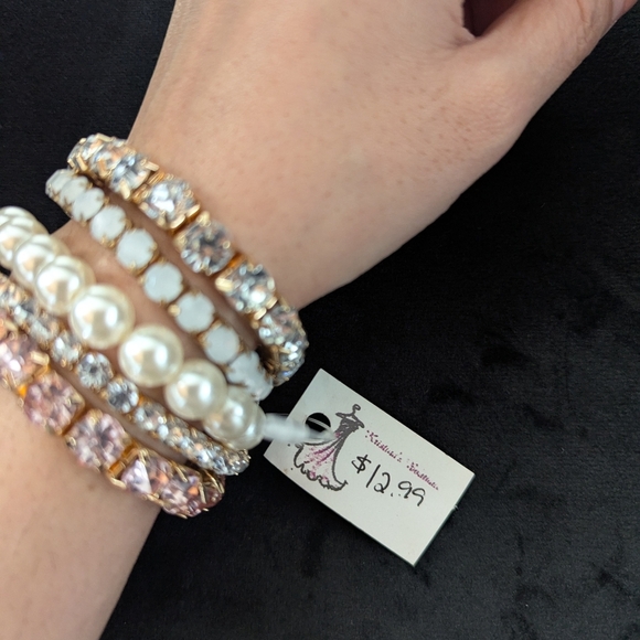 Pearl Rhinestone and Gold Crystal Bracelet Set Adjustable Stretchable Retro 90s - Picture 3 of 8